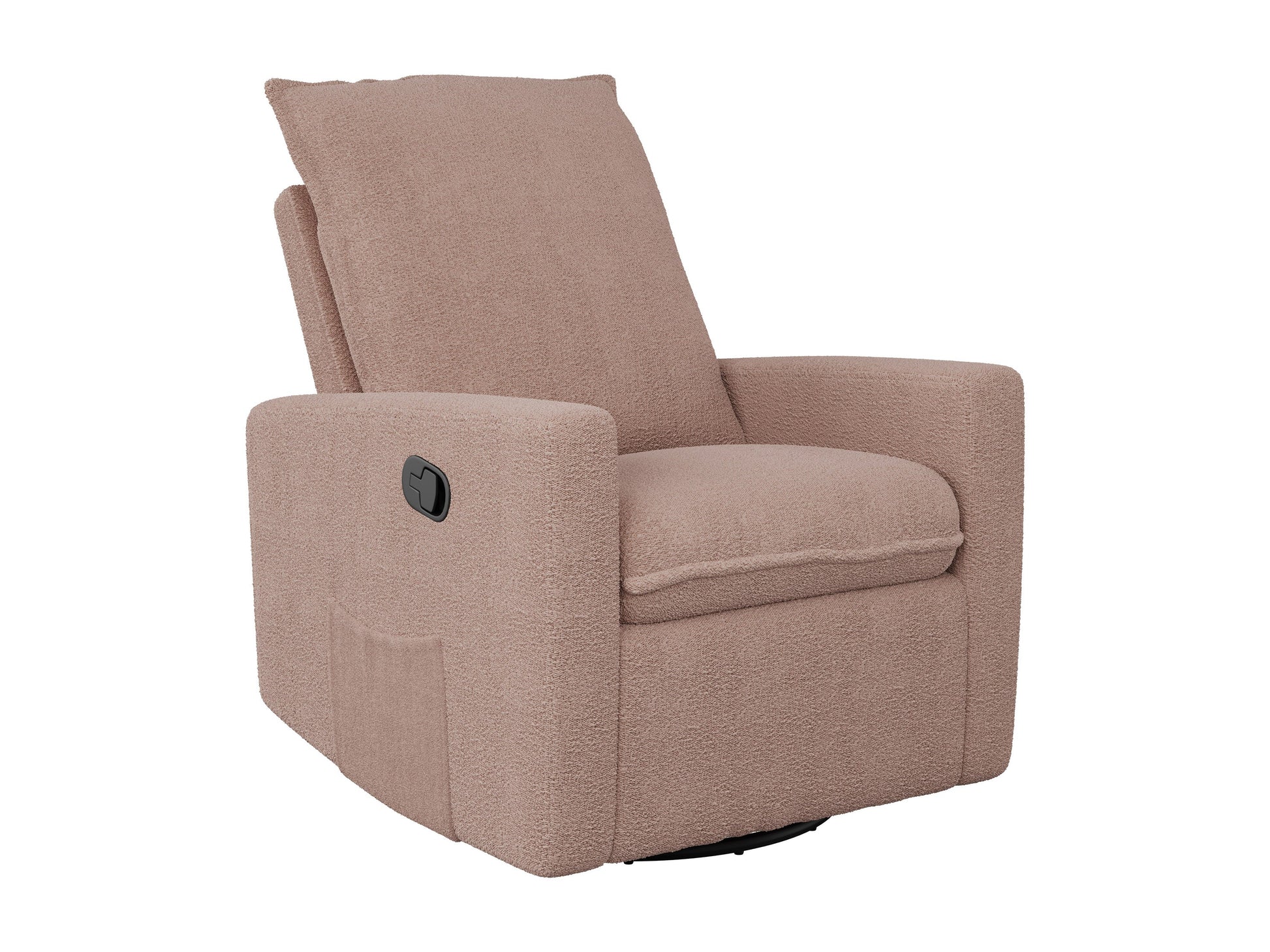 Pink boucle glider recliner chair with plush texture, ergonomic design, and smooth reclining mechanism.