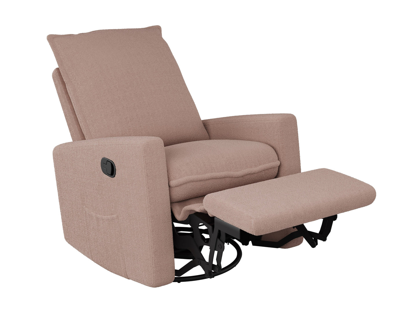 Pink boucle glider recliner chair with plush upholstery and modern design.