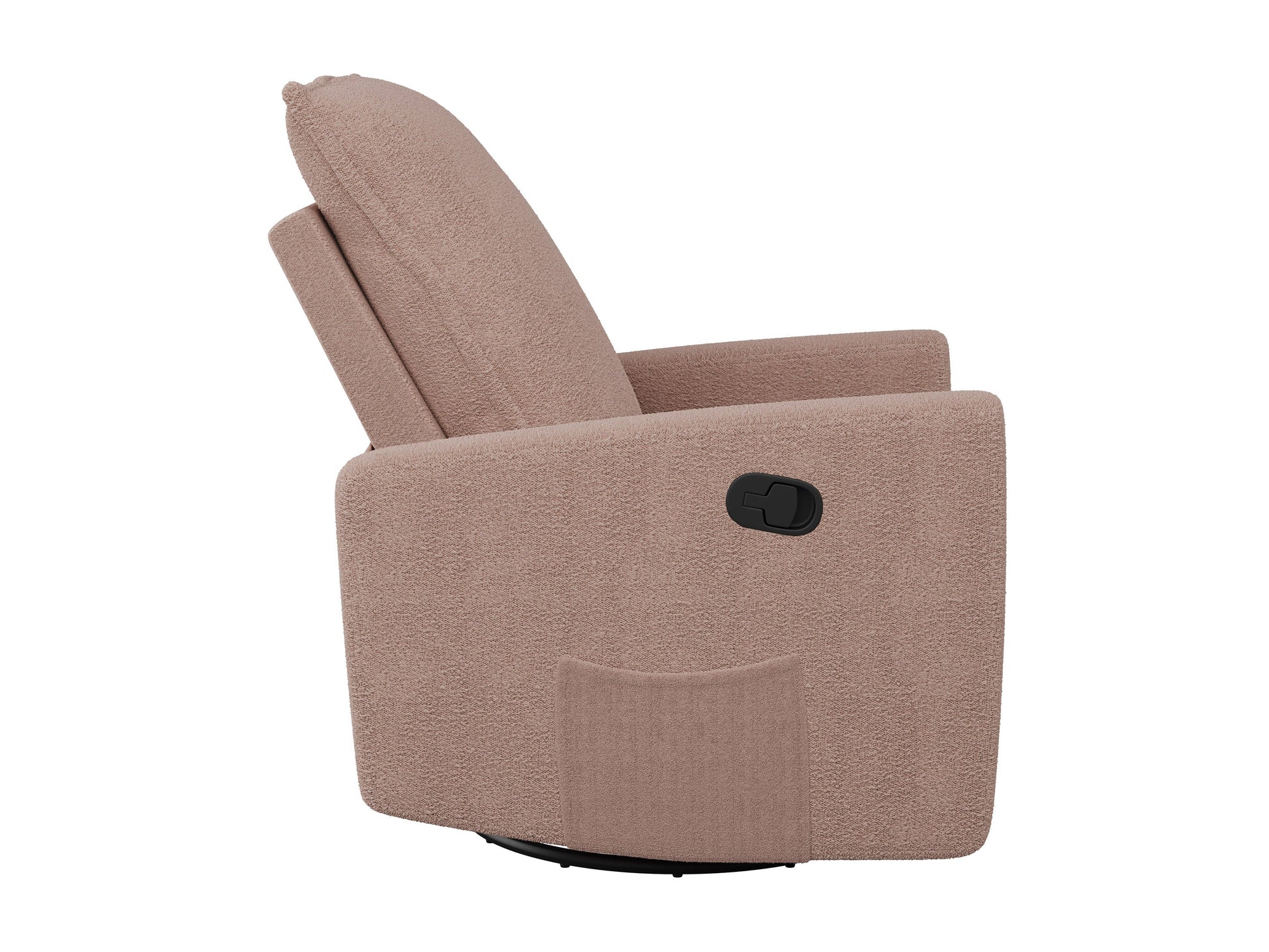 Pink boucle glider recliner chair with tufted backrest and wooden legs.