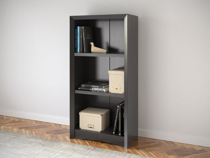 Black 3-shelf bookcase with sleek design, adjustable shelves, and sturdy build for modern home or office storage.