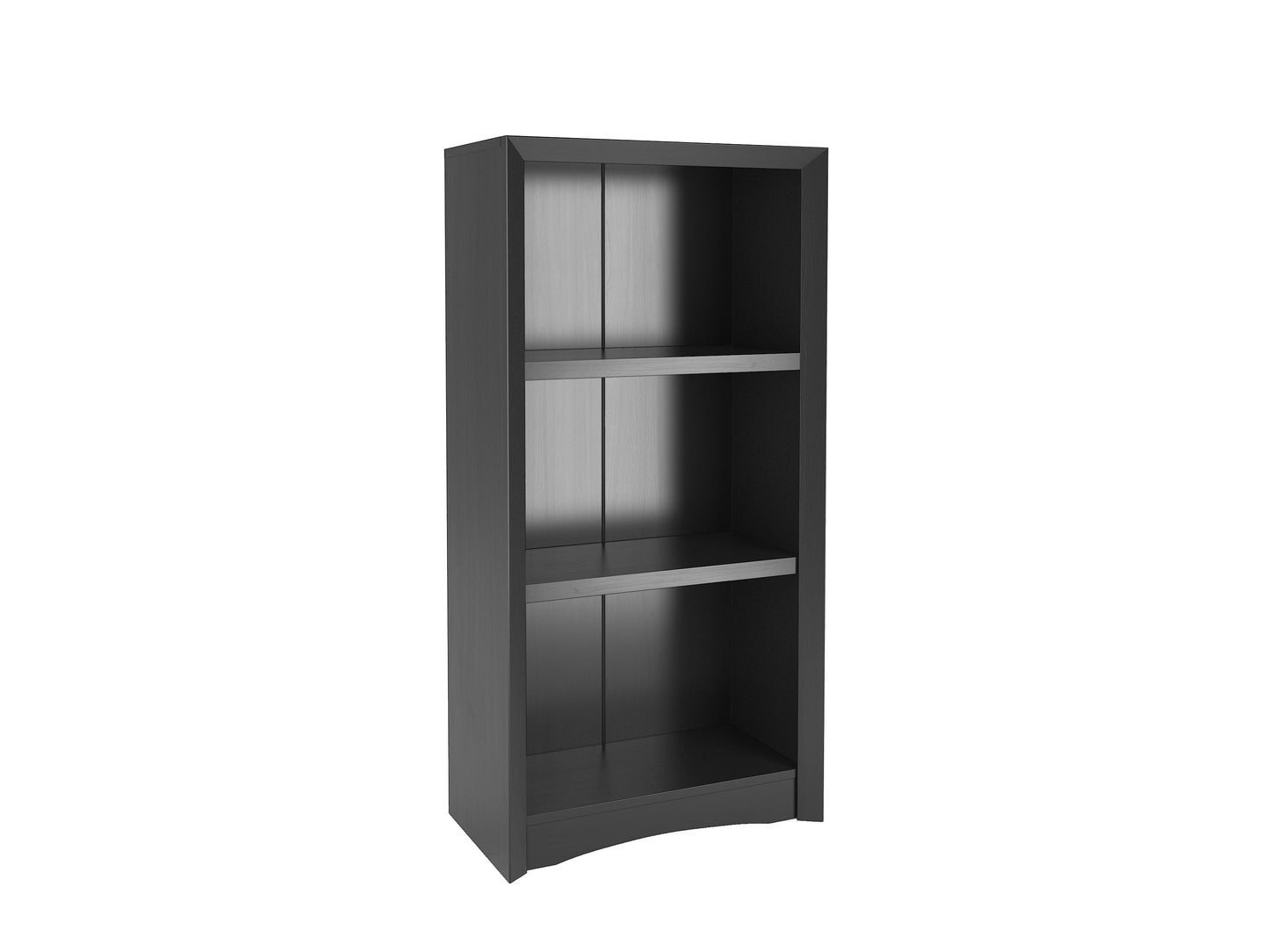 Black 3-shelf bookcase with sleek design, adjustable shelves, and sturdy construction for home or office use.