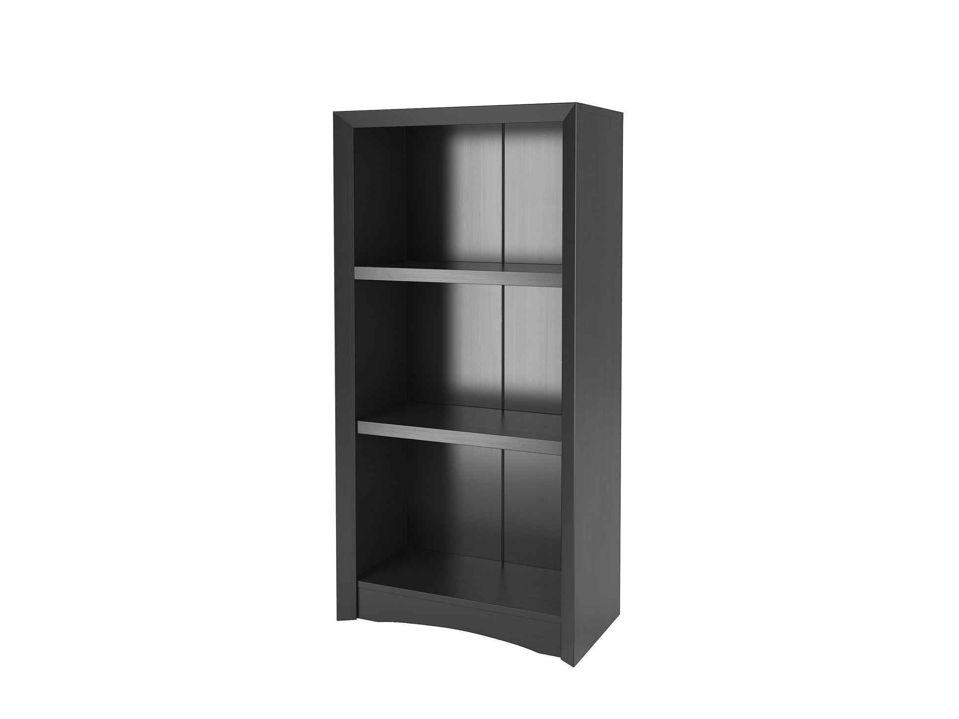 Black 3-shelf bookcase with open back, sleek design, and sturdy wooden construction.