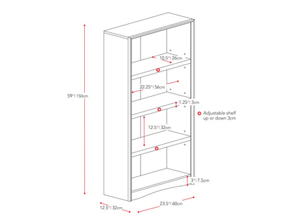 Black 4-shelf bookcase with a modern design, sturdy wooden frame, and adjustable shelves for versatile storage.