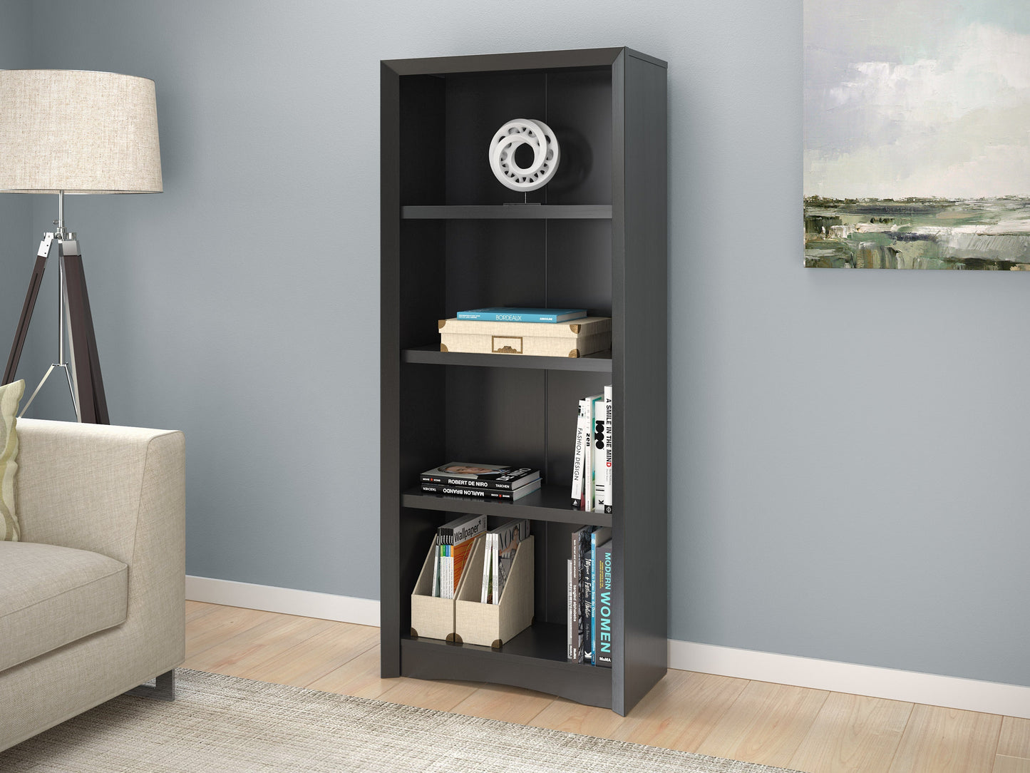 Black 4-shelf bookcase, sleek design with open storage, minimalist style, and sturdy construction for home or office use.