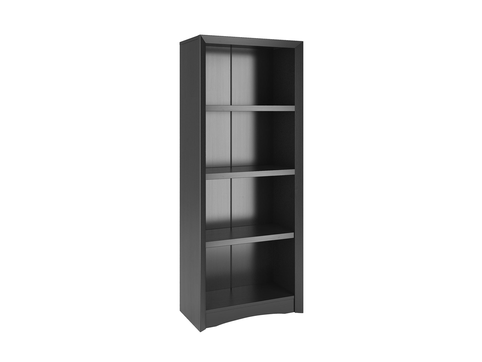 Black 4-shelf bookcase with sleek design, adjustable shelves, and sturdy construction for home or office storage.