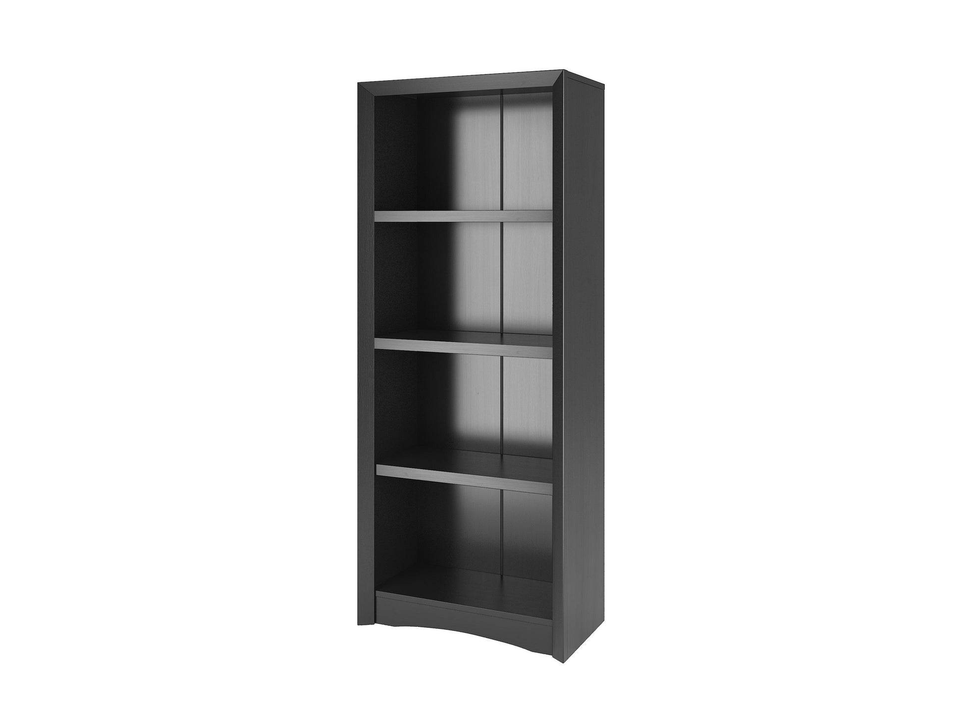 Black 4 shelf bookcase with sleek design, modern lines, and ample storage space for books and decor items.