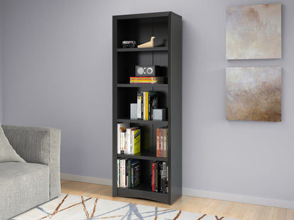 Black 5-shelf bookcase with sleek lines, minimalist design, and sturdy construction for modern home or office storage.