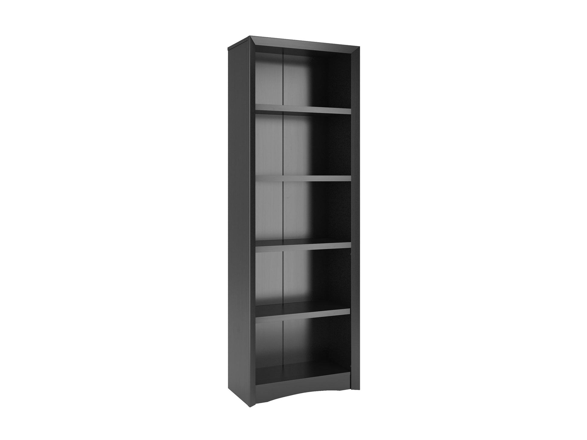 Black 5-shelf bookcase with sleek modern design, sturdy wooden construction, and ample storage space for books and decor.