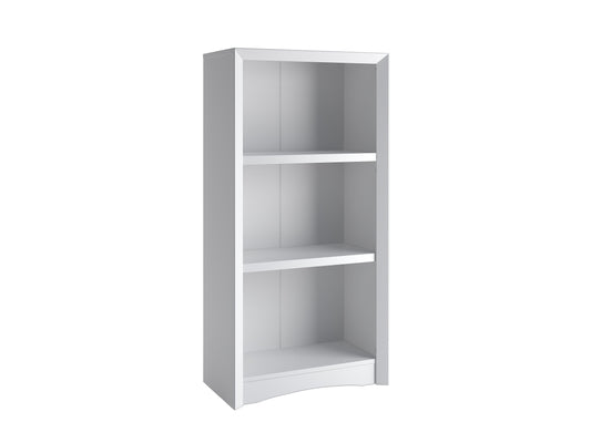 White 3 shelf bookcase with minimalist design, adjustable shelves, and sturdy construction, perfect for home or office.