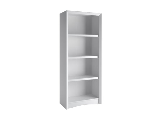 White 4-shelf bookcase with a sleek design, perfect for modern home or office storage solutions.