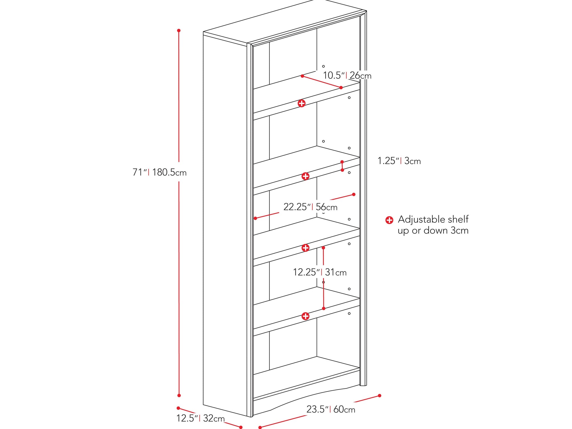 White 5-shelf bookcase with a minimalist design, sleek lines, and ample storage space for books and decor.