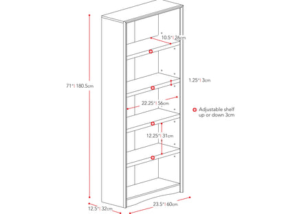 White 5-shelf bookcase with a minimalist design, sleek lines, and ample storage space for books and decor.