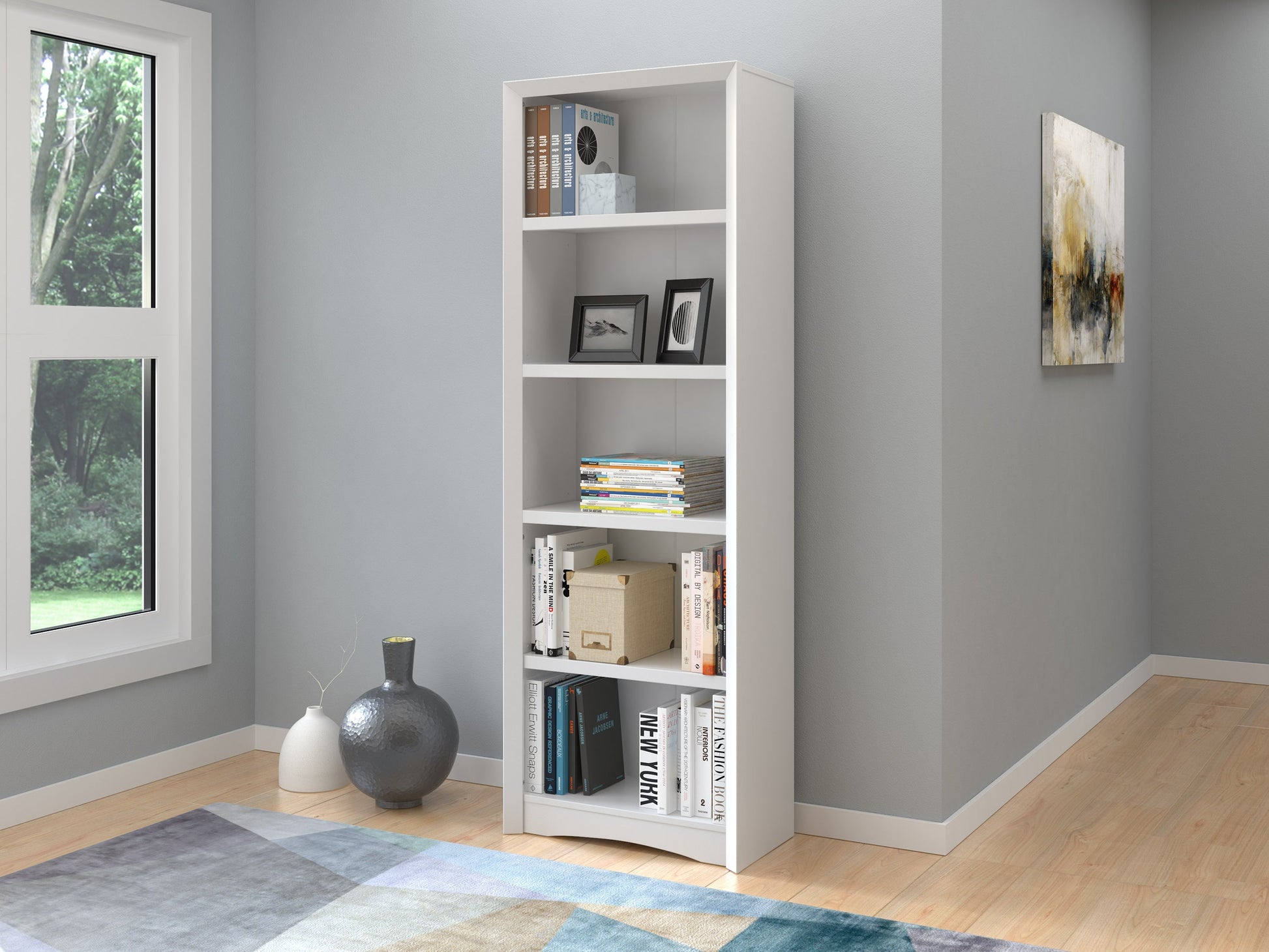 White 5-shelf bookcase with a minimalist design and ample storage space for books and decor.