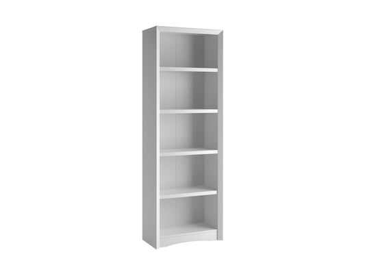 White 5-shelf bookcase with a sleek design, ideal for modern home offices or living rooms.