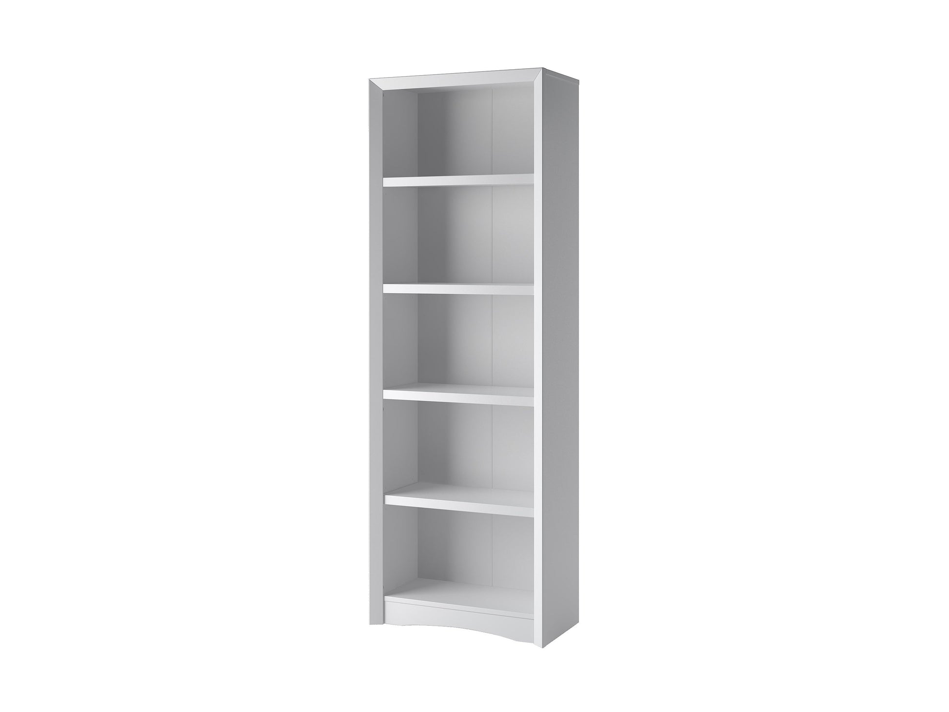 White 5 shelf bookcase with a sleek design and ample storage space, ideal for modern home or office organization.