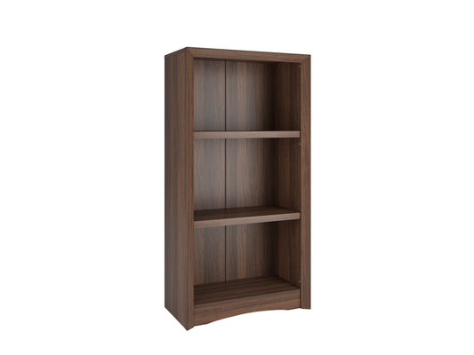 Brown 3 shelf bookcase with wood grain finish, open back, and modern design.