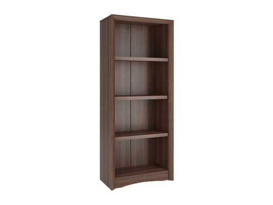 Brown 4-shelf bookcase with a minimalist design, wooden construction, and adjustable shelves for versatile storage.