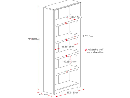 Brown 5 shelf bookcase with adjustable shelves, modern design, and sturdy wood construction.