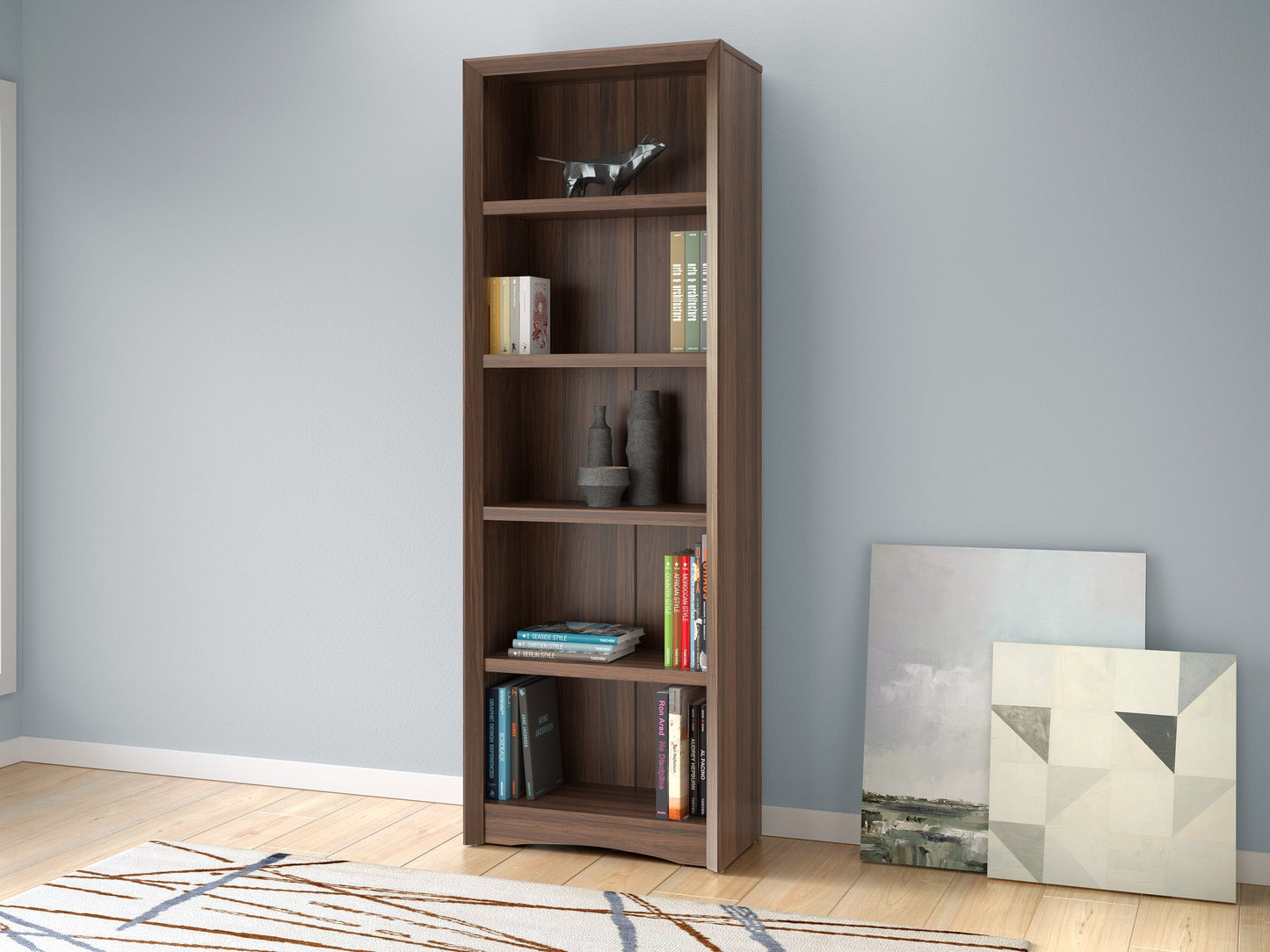 Brown 5-shelf bookcase with a sleek design, featuring adjustable shelves and a sturdy wooden frame.