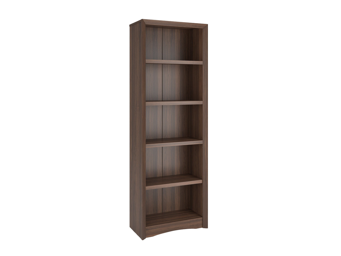 Brown 5 shelf bookcase with adjustable shelves, sleek design, and sturdy wooden construction for home or office.