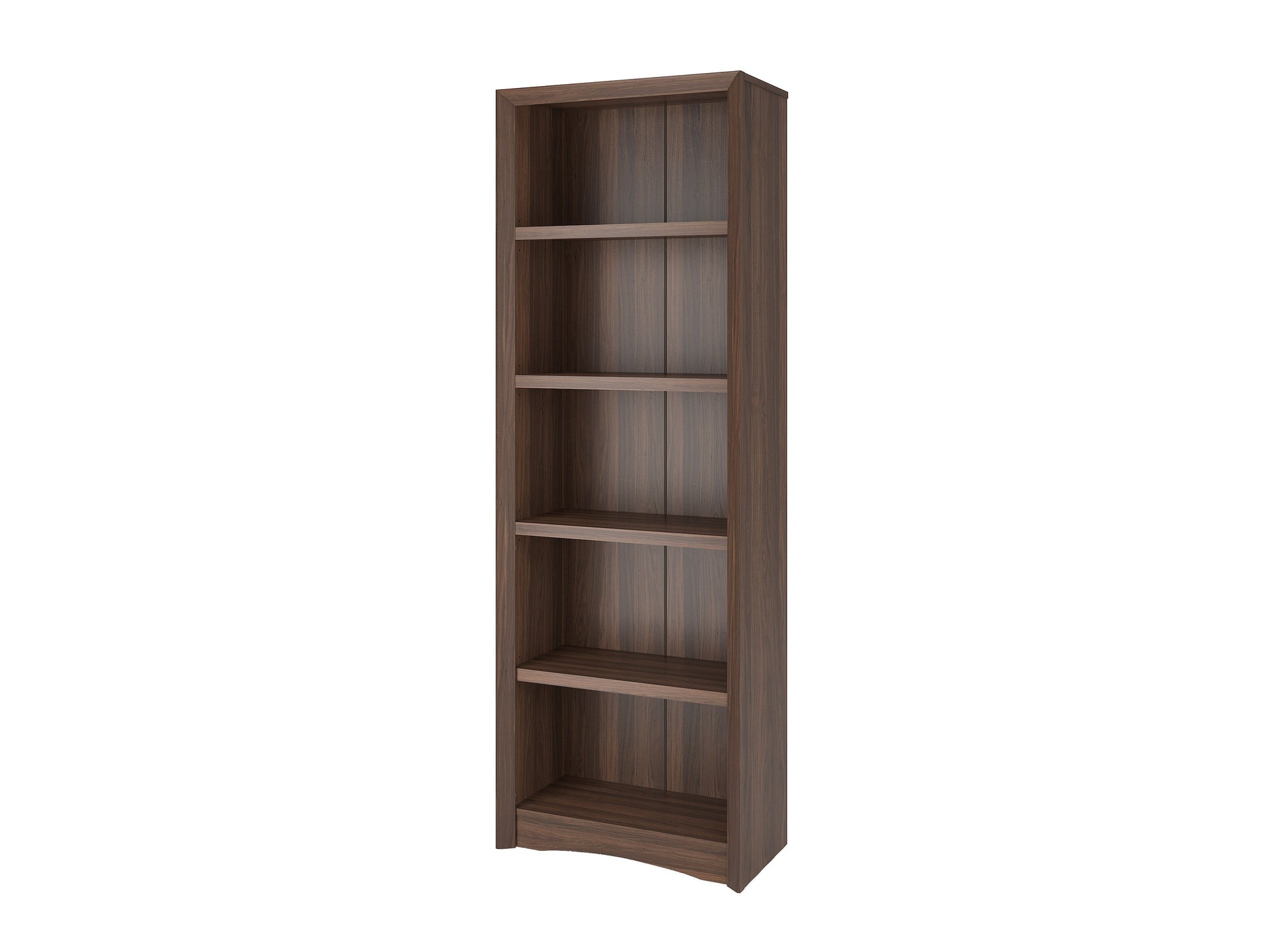 Brown 5-shelf wooden bookcase with open-back design and adjustable shelves for home or office storage.