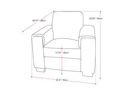 Grey arm chair with light grey fabric, wooden legs, tufted backrest, and modern design.