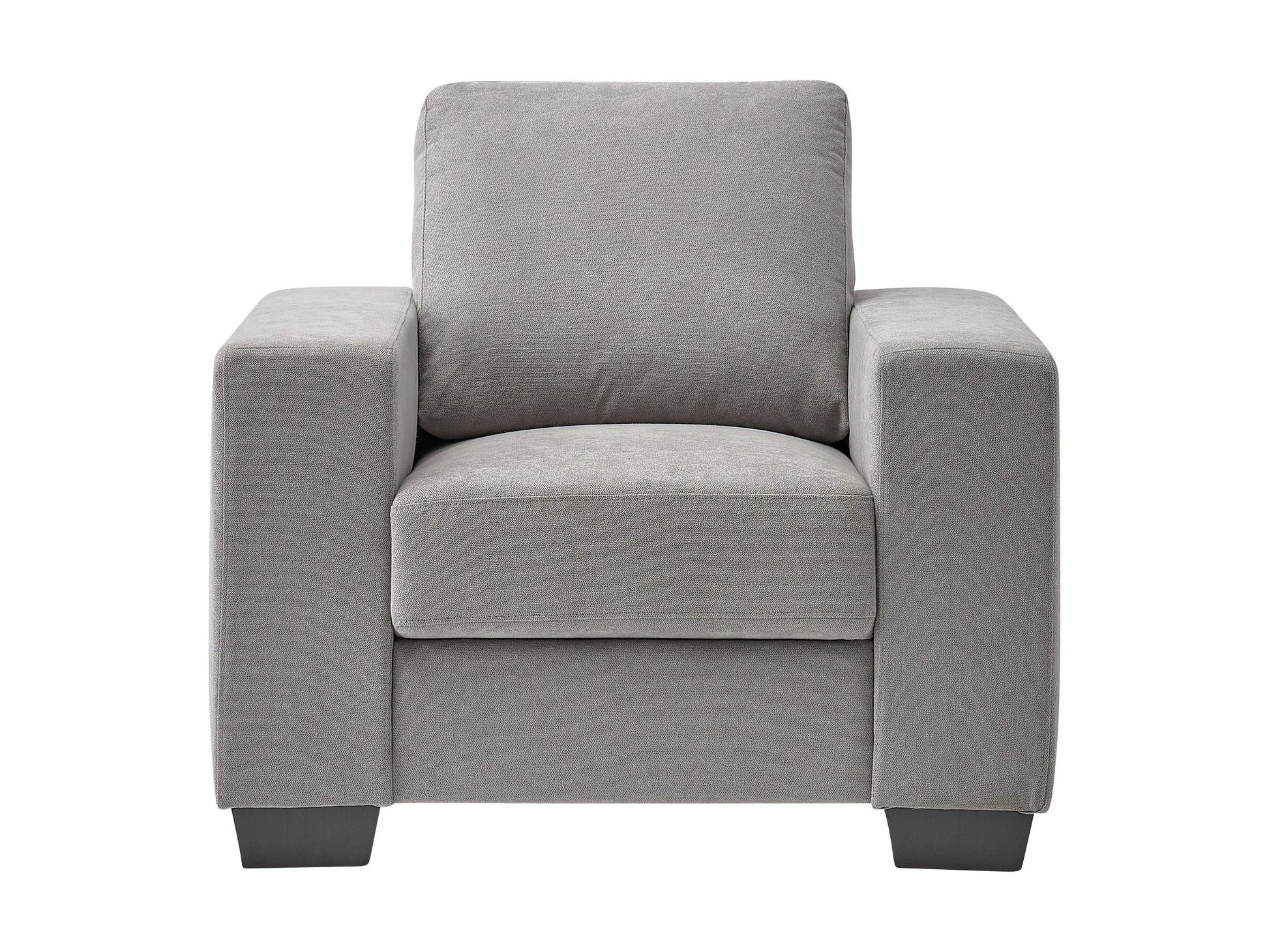 Light grey arm chair with wooden legs, tufted backrest, and minimalist design.