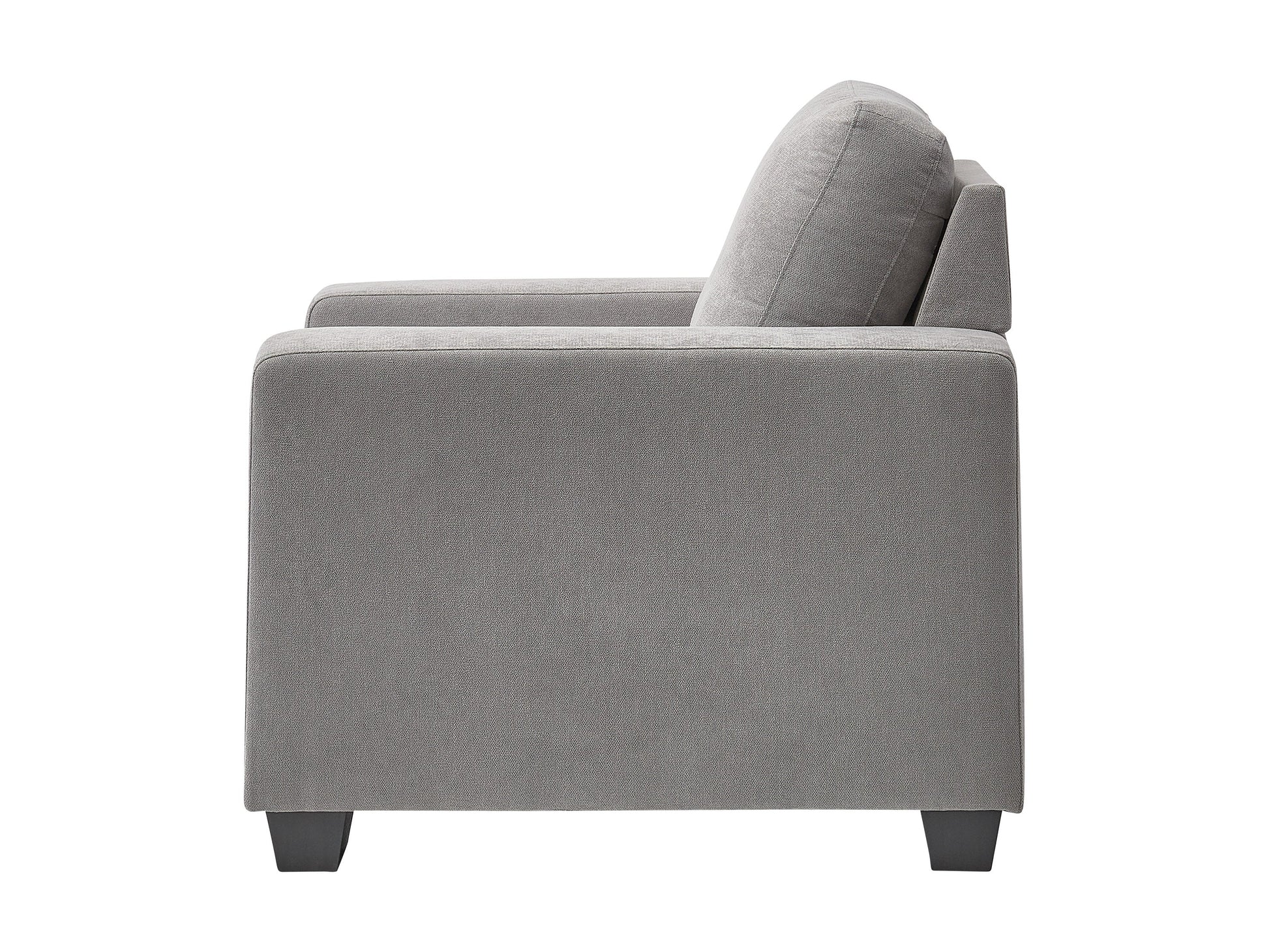 Light grey arm chair with wooden legs, tufted back, and cushioned seat, perfect for modern living rooms.