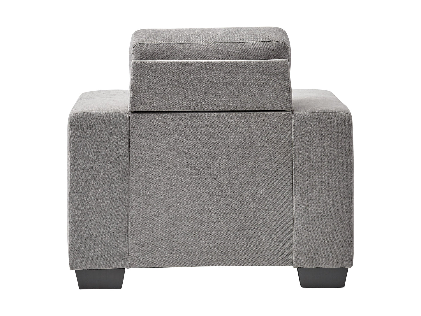 Light grey arm chair with wooden legs, tufted cushions, and modern design.