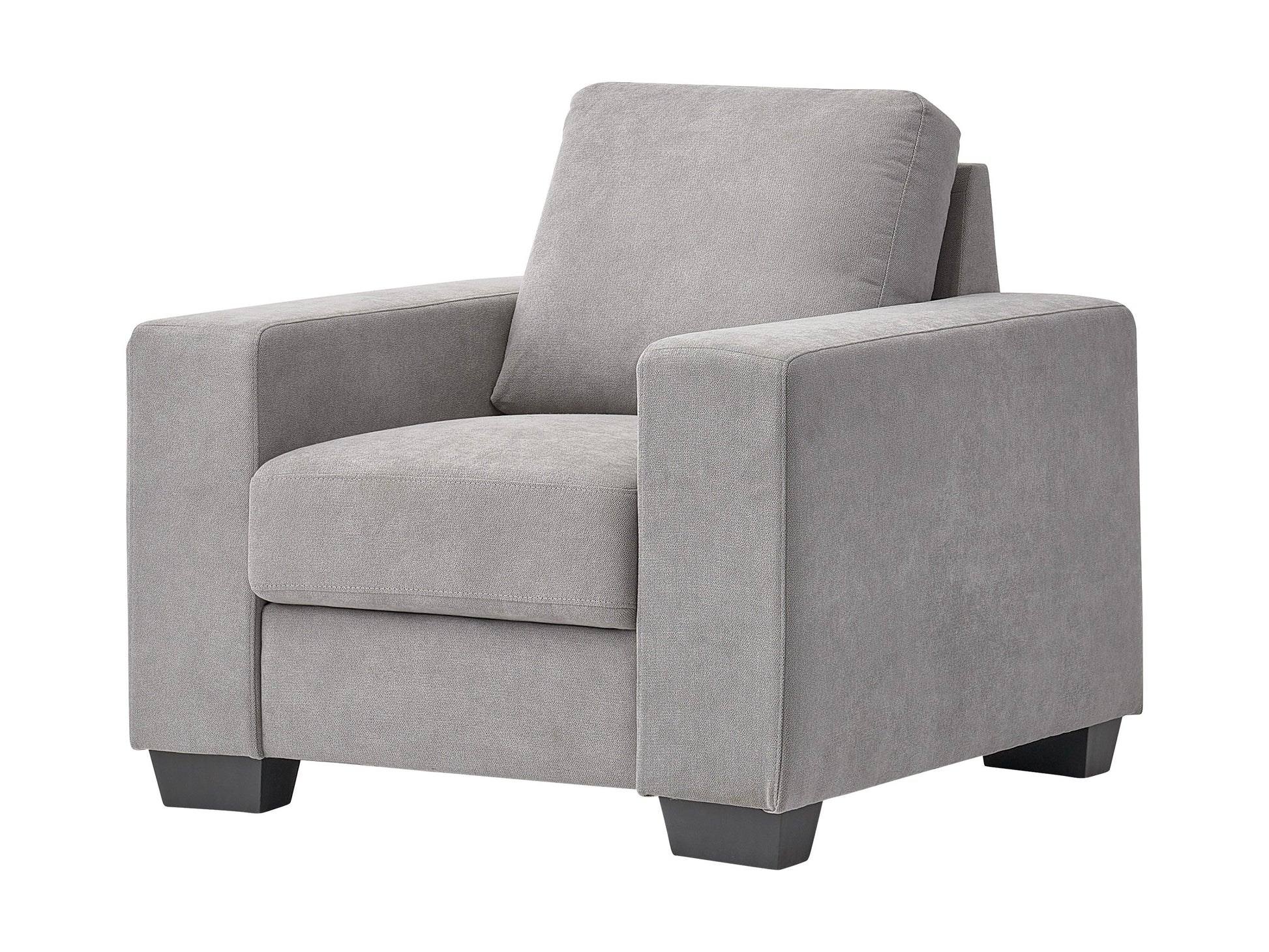 Light grey fabric armchair with wooden legs, tufted backrest, and contemporary design.