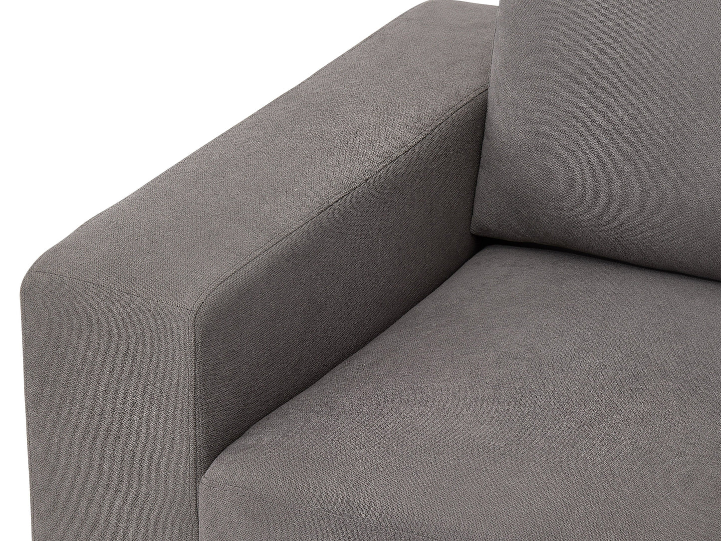 Dark grey arm chair with tufted cushions, wooden legs, and a modern design.