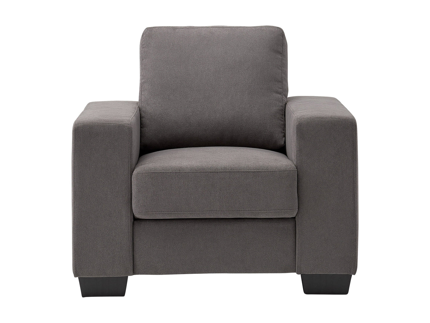 Dark grey arm chair with wooden legs, tufted backrest, and sleek modern design.