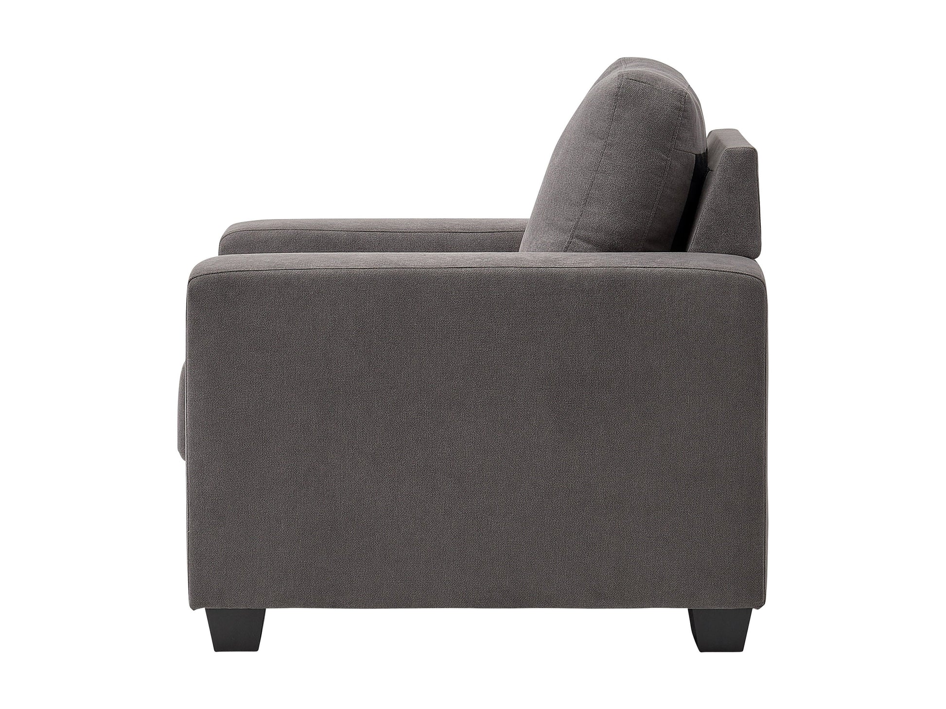 Dark grey fabric arm chair with wooden legs, tufted backrest, and modern design.