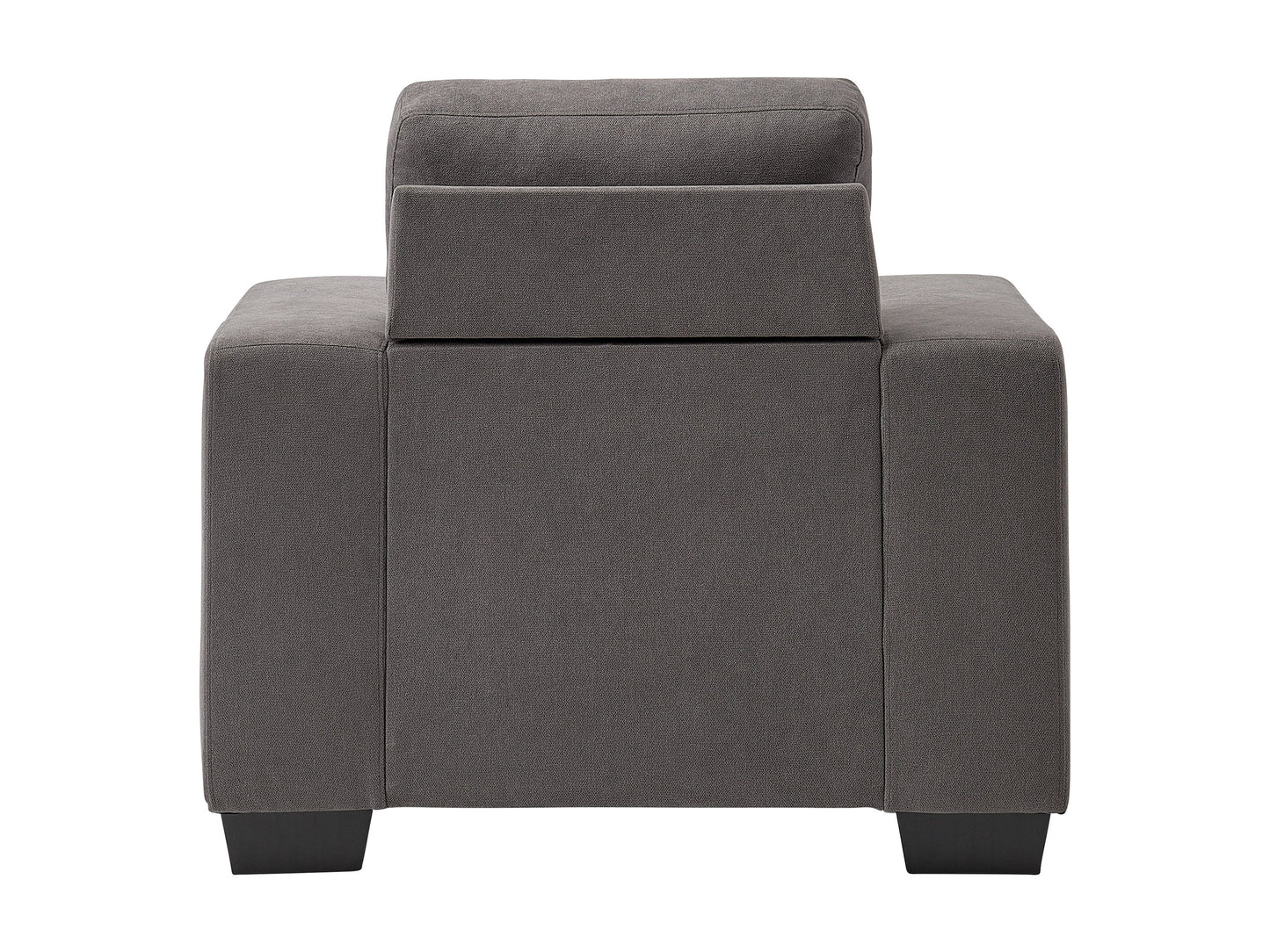 Dark grey fabric armchair with wooden legs and tufted backrest, modern minimalist design.