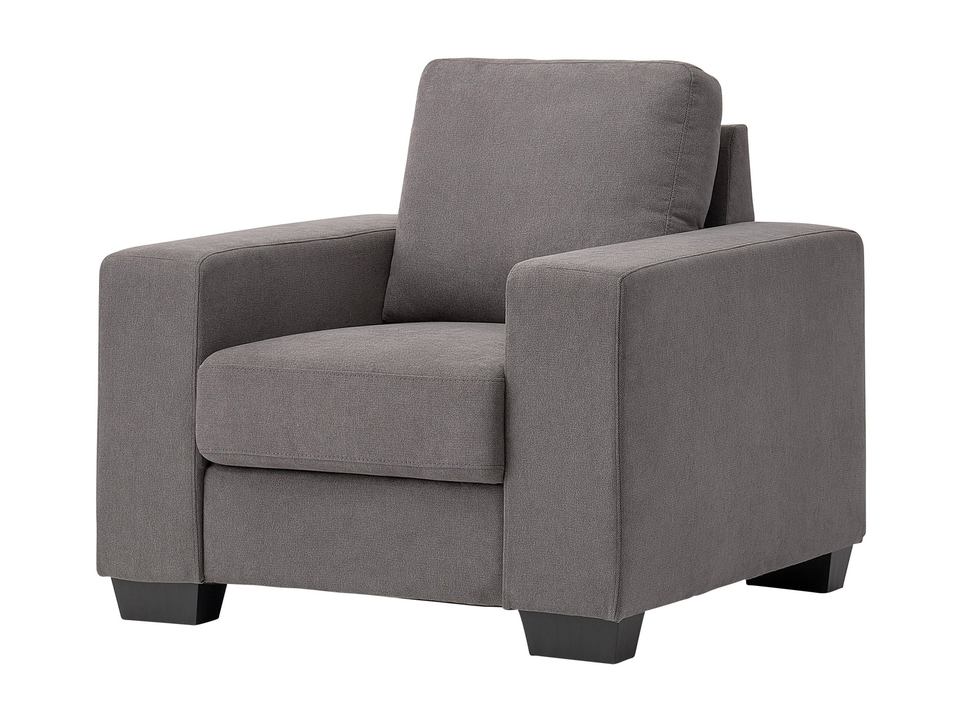 Dark grey fabric arm chair with wooden legs, tufted back, and modern minimalist design.