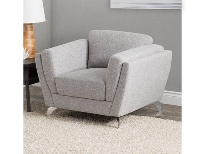 Light grey upholstered arm chair with wooden legs, tufted backrest, and minimalist design.