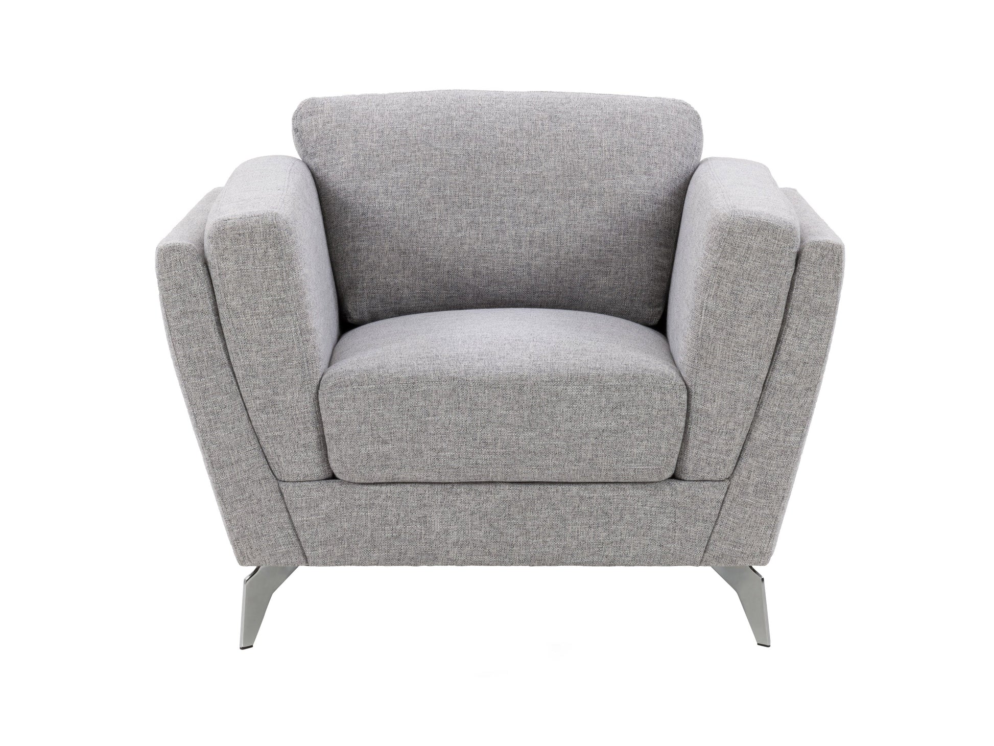 Light grey upholstered arm chair with wooden legs, tufted back, and contemporary design.