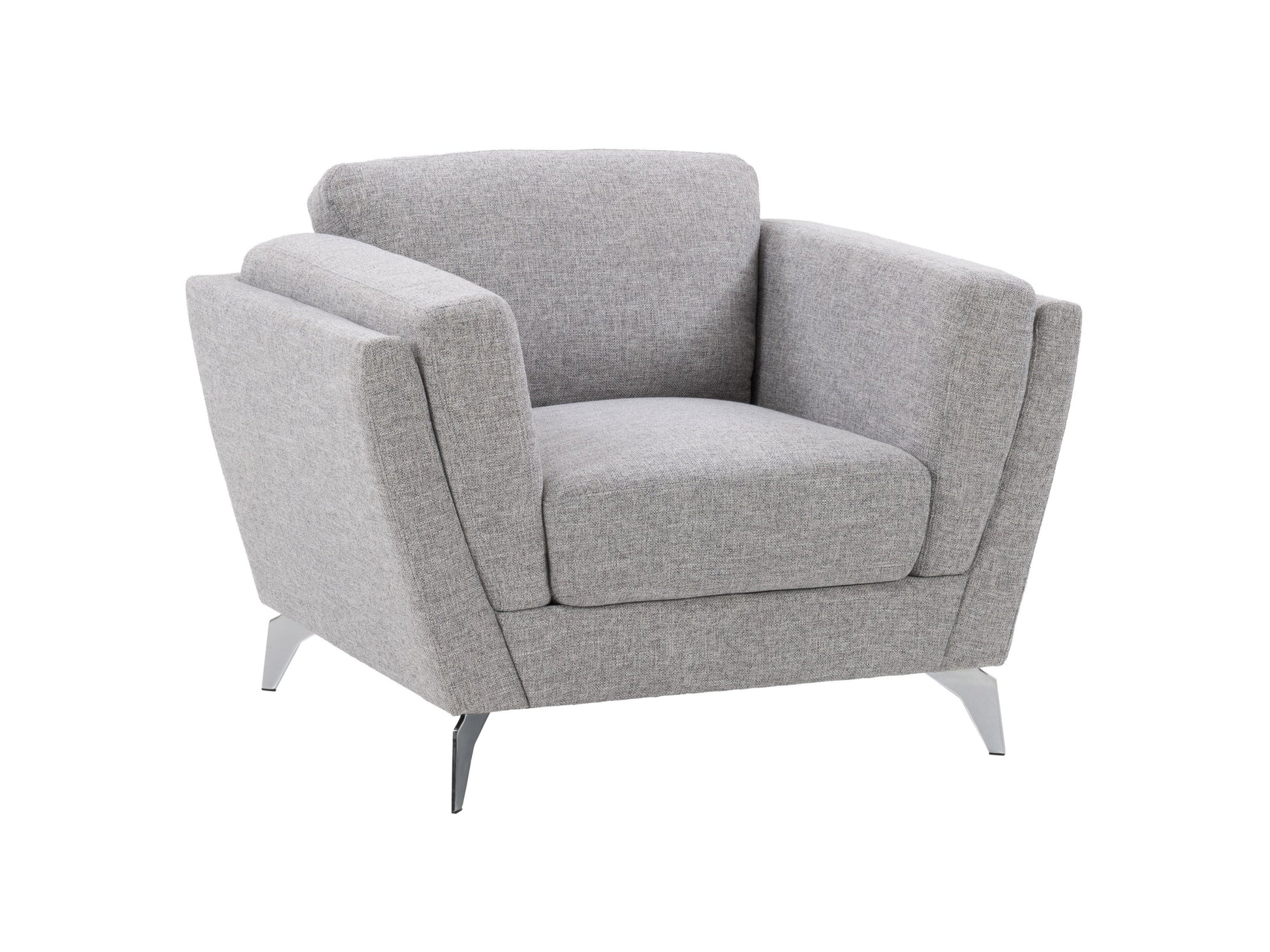 Light grey upholstered arm chair with padded seat, wooden legs, and modern design.