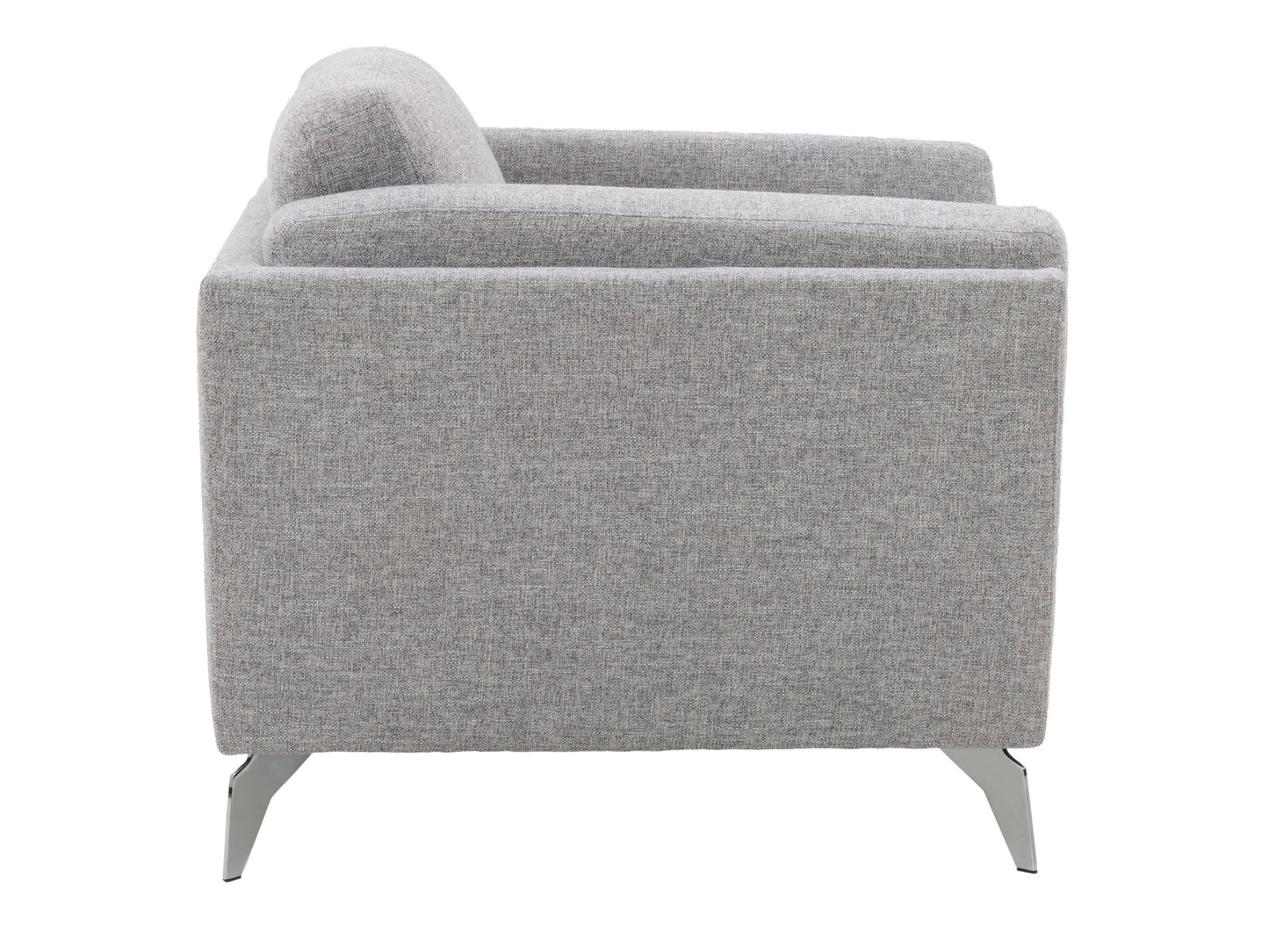 Light grey upholstered arm chair with wooden legs, tufted backrest, and contemporary design.