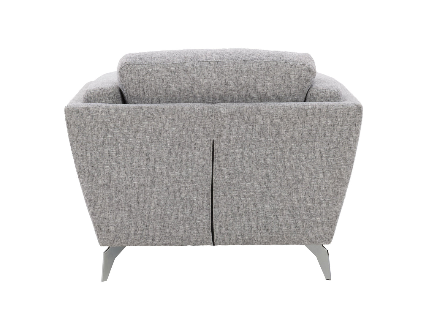 Light grey upholstered arm chair with wooden legs, tufted backrest, and modern design.