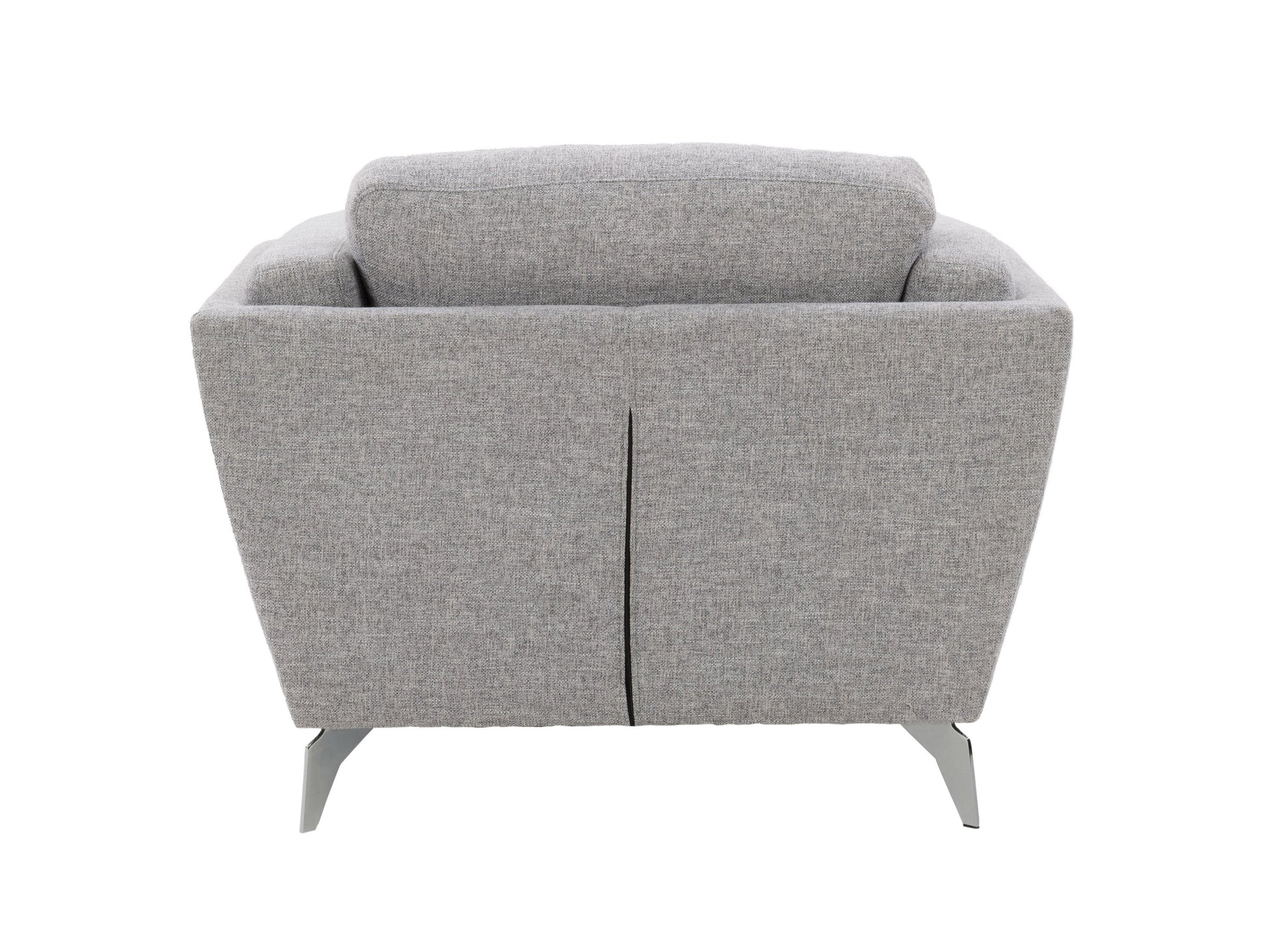 Light grey upholstered arm chair with wooden legs, tufted backrest, and modern design.