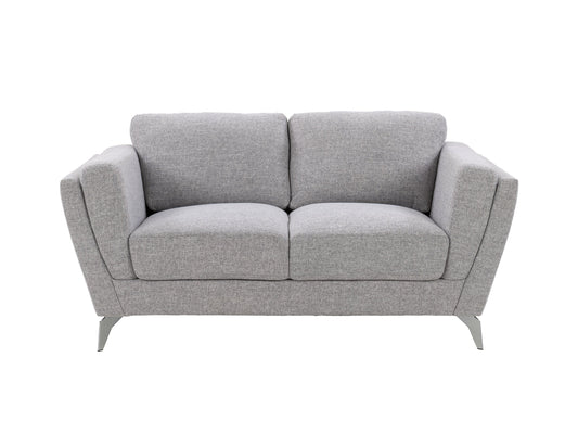 Light grey 2 seat loveseat with tufted cushions, wooden legs, and modern minimalist design.