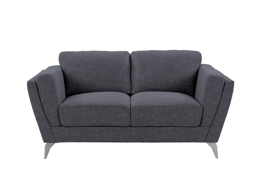 Deep blue 2 seat loveseat with tufted cushions, wooden legs, and a modern minimalist design.