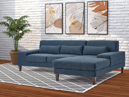 Blue modern sectional sofa with right-facing chaise, fabric upholstery, and sleek wooden legs.