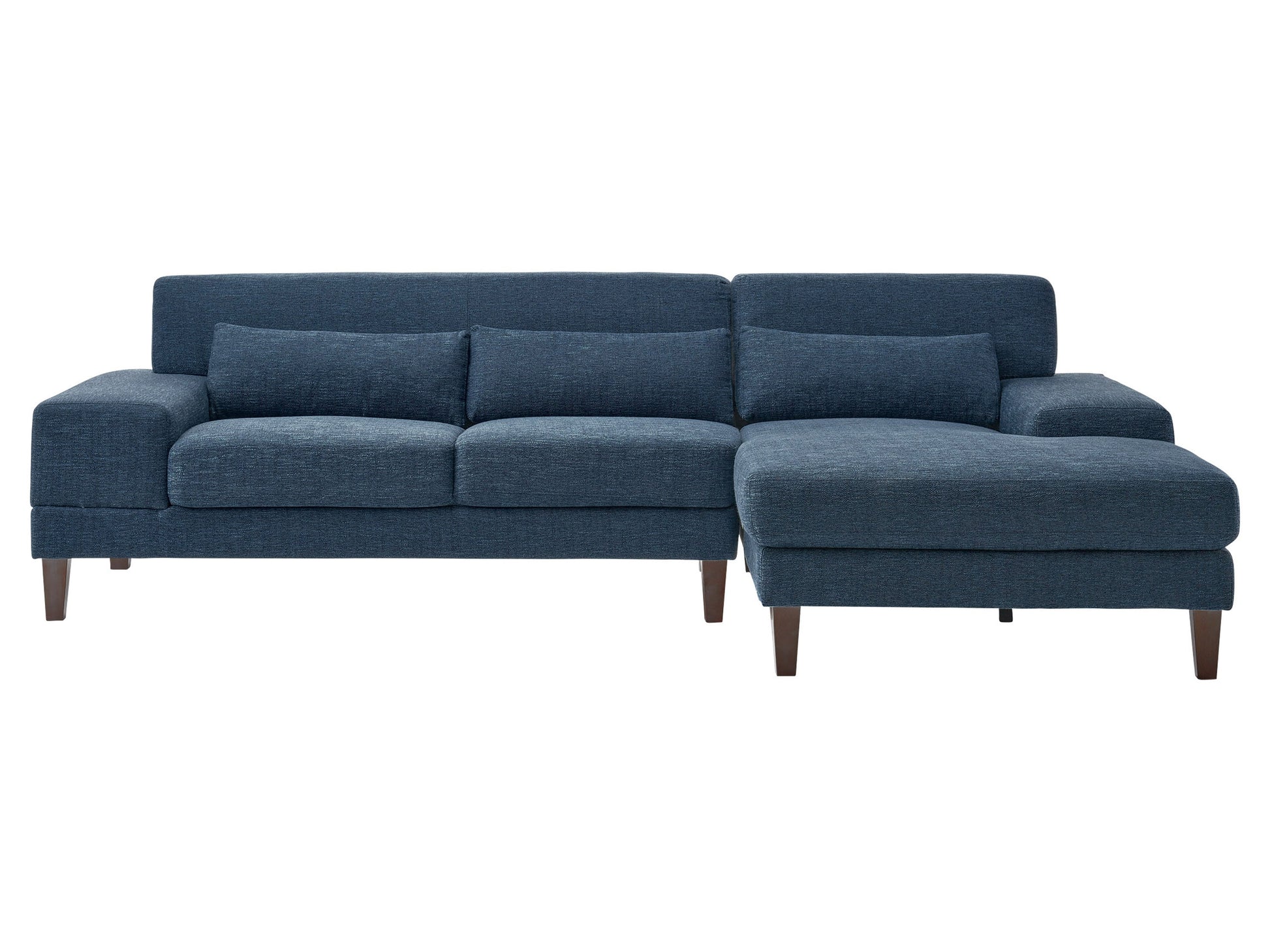 Modern blue sectional sofa, right facing, with tufted cushions and sleek wooden legs