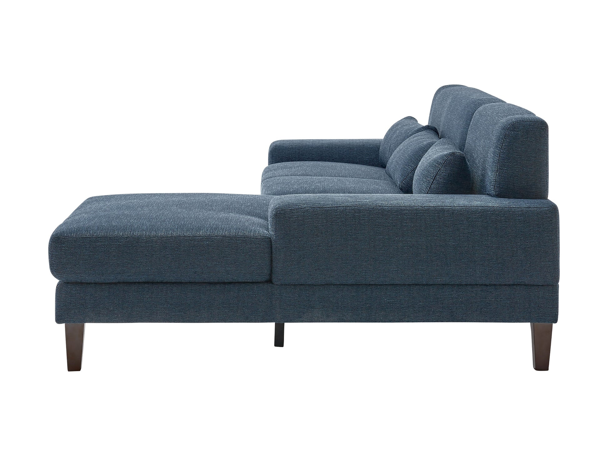 Blue modern sectional sofa, right facing, with tufted cushions and sleek wooden legs.