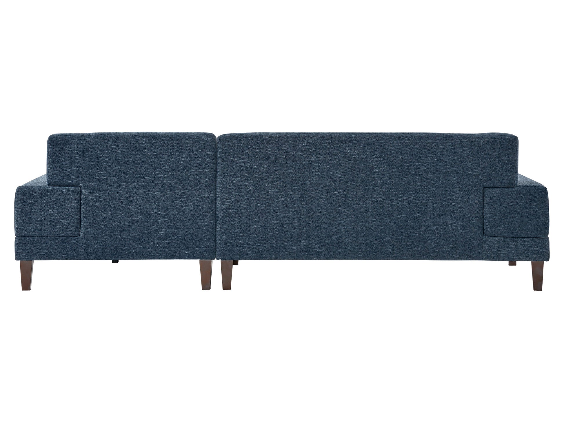 Blue modern sectional sofa with right-facing chaise, tufted cushions, and sleek wooden legs.