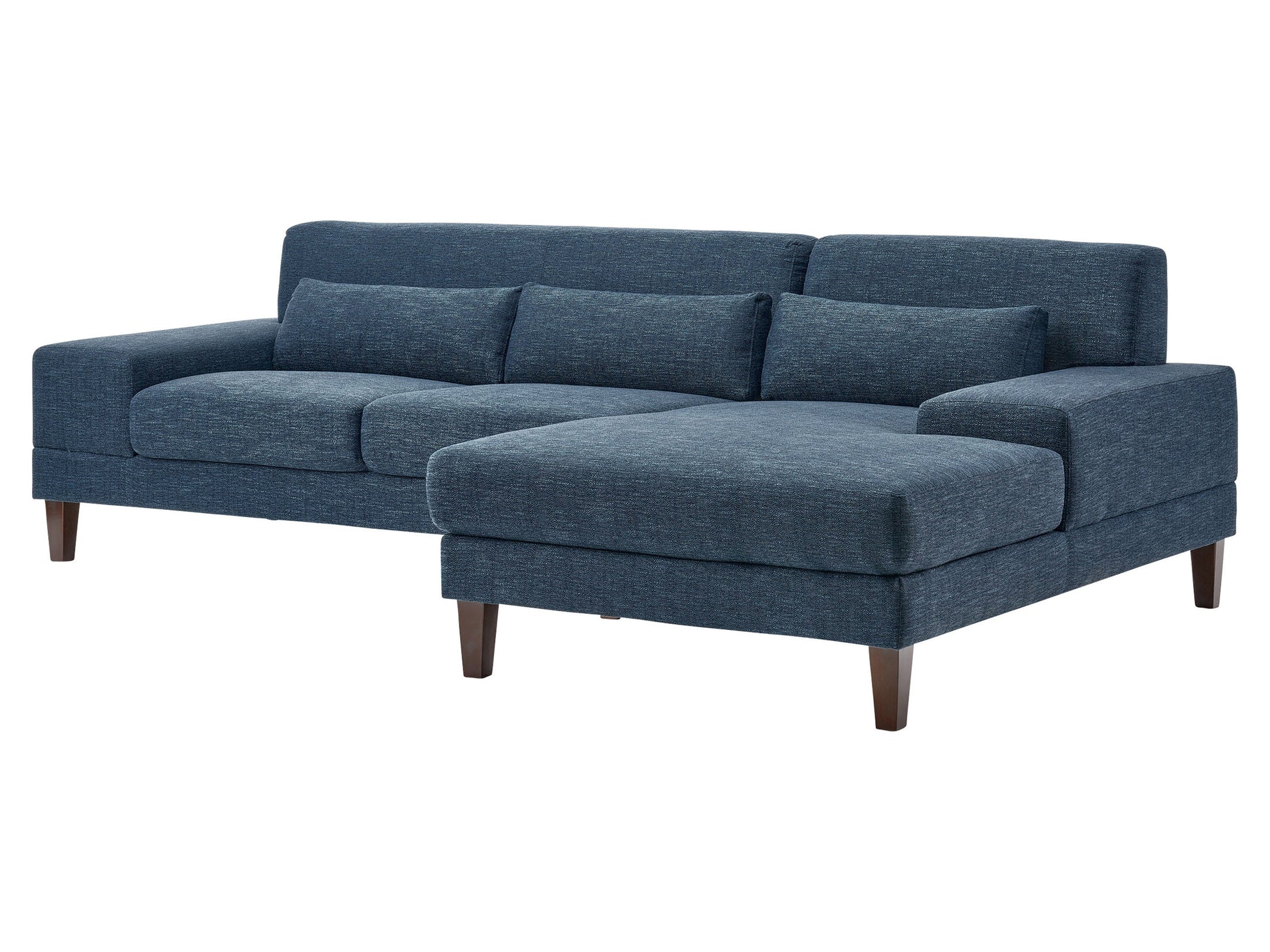 Blue modern sectional sofa, right facing with tufted cushions, wooden legs, and sleek contemporary design.