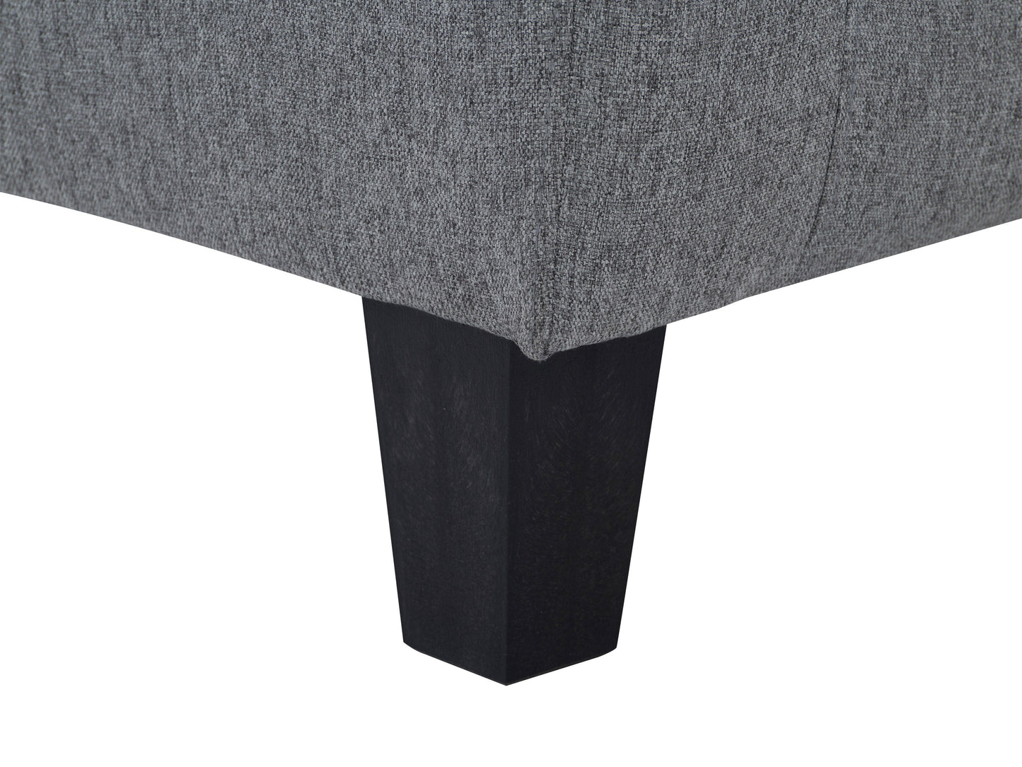 Grey fabric tub chair with wooden legs, curved backrest, and modern minimalist design.