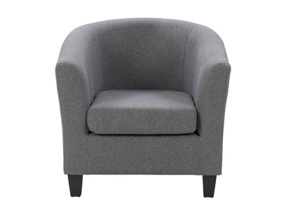 Grey tub chair with wooden legs, upholstered fabric, and a modern minimalist design.